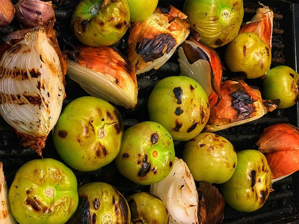 A close up view of charred vegetables