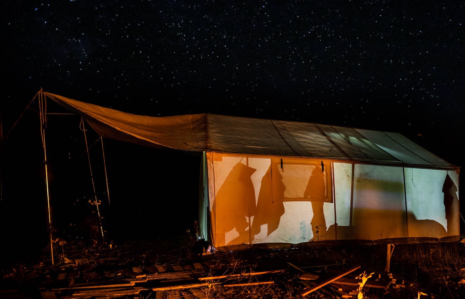 A tent at night time